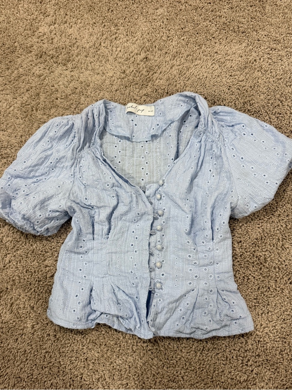 ✨Petal & Pup Light Blue Eyelet Puff-Sleeve Button-Front Blouse